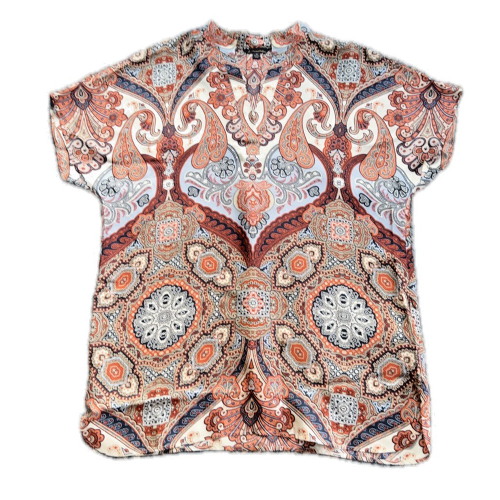 Brooks Brothers Womens 100% Silk Tunic V-neck Blouse Brown Paisley Print Boho 14